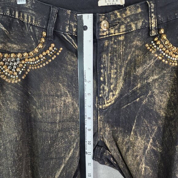 Womens Black Gold Luxe Moda Denim Jeans Rhinestone Embellished Side Zippers 12 - Picture 7 of 13